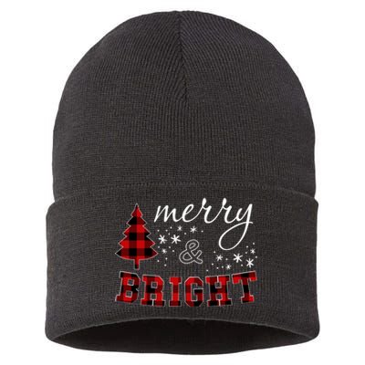 Christmas Cute For Red Plaid Merry And Bright Letter Sustainable Knit Beanie