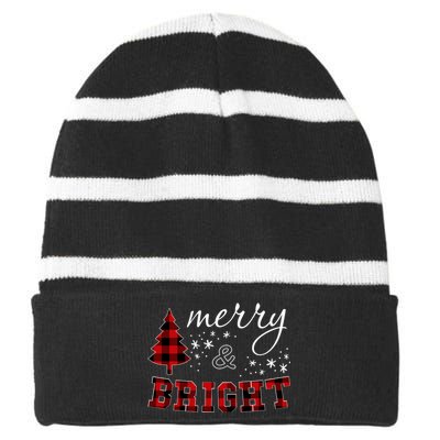 Christmas Cute For Red Plaid Merry And Bright Letter Striped Beanie with Solid Band