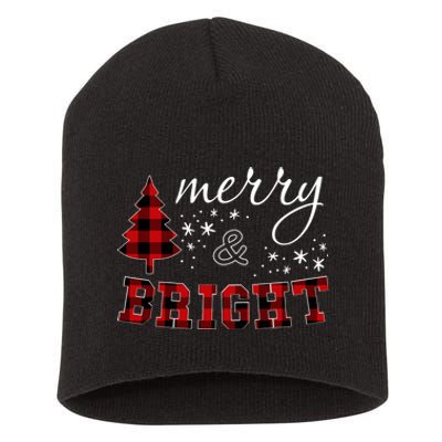 Christmas Cute For Red Plaid Merry And Bright Letter Short Acrylic Beanie