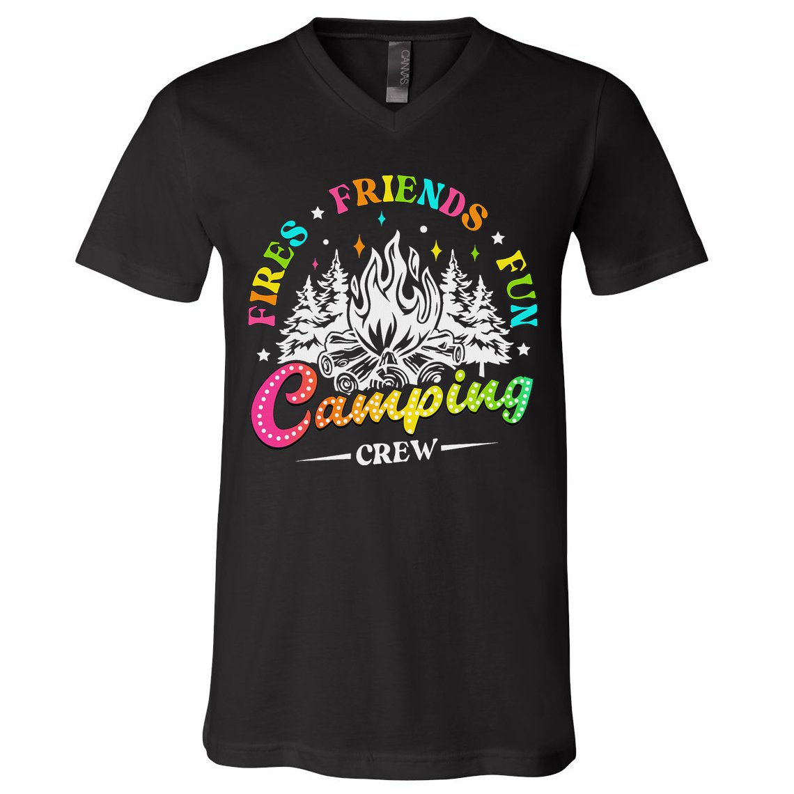 Camping Crew Fires Friends Fun Summer Vibes Camper  V-Neck T-Shirt