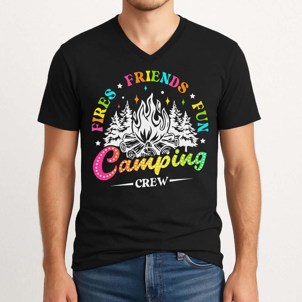 Camping Crew Fires Friends Fun Summer Vibes Camper  V-Neck T-Shirt