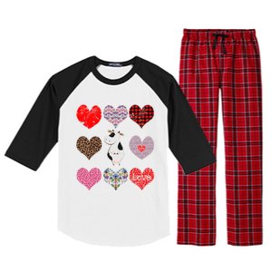 Cute Cow Funny Cow Lover Retro Hearts Pattern Valentines Day Gift Raglan Sleeve Pajama Set