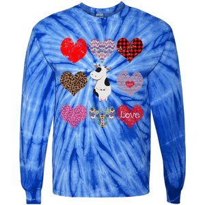 Cute Cow Funny Cow Lover Retro Hearts Pattern Valentines Day Gift Tie-Dye Long Sleeve Shirt