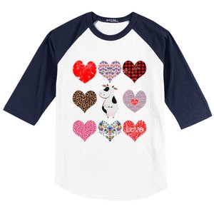 Cute Cow Funny Cow Lover Retro Hearts Pattern Valentines Day Gift Baseball Sleeve Shirt