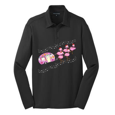 Christmas Camping Flamingo Sleigh Gift Funny Camper Silk Touch Performance Long Sleeve Polo