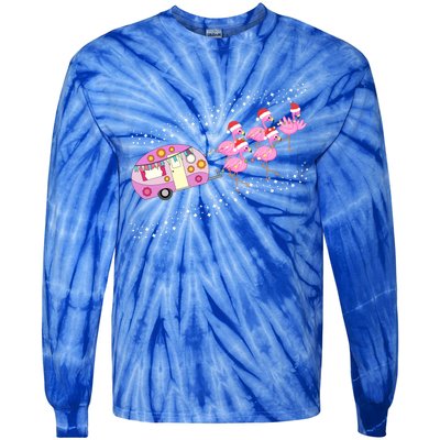 Christmas Camping Flamingo Sleigh Gift Funny Camper Tie-Dye Long Sleeve Shirt