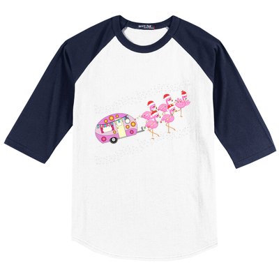 Christmas Camping Flamingo Sleigh Gift Funny Camper Baseball Sleeve Shirt