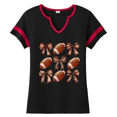 Cheer Coquette Football Bow Football Ladies Halftime Notch Neck Tee