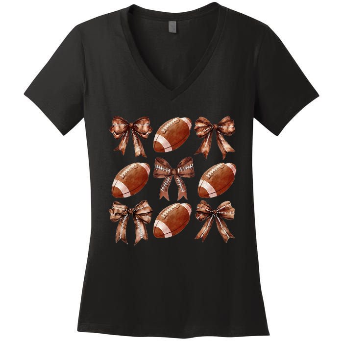 Cheer Coquette Football Bow Football Women's V-Neck T-Shirt