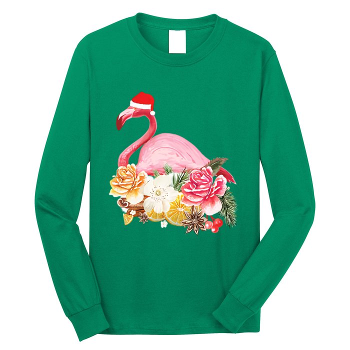 Cute Christmas Flamingo Santa Hat Long Sleeve Shirt