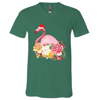 Cute Christmas Flamingo Santa Hat V-Neck T-Shirt