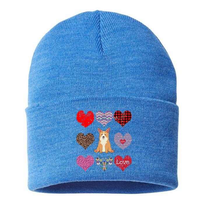 Cute Corgi Funny Dog Mom Hearts Pattern Valentines Day Gift Sustainable Knit Beanie