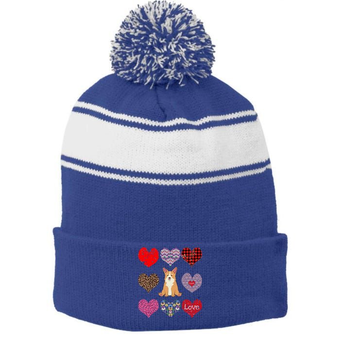 Cute Corgi Funny Dog Mom Hearts Pattern Valentines Day Gift Stripe Pom Pom Beanie