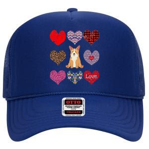 Cute Corgi Funny Dog Mom Hearts Pattern Valentines Day Gift High Crown Mesh Back Trucker Hat