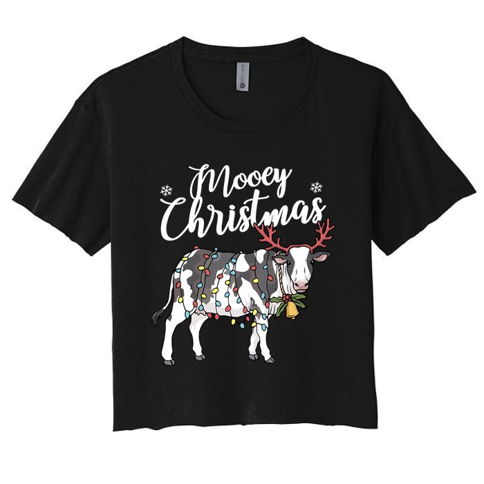 Cow Christmas Funny Mooey Xmas Lights Women's Crop Top Tee