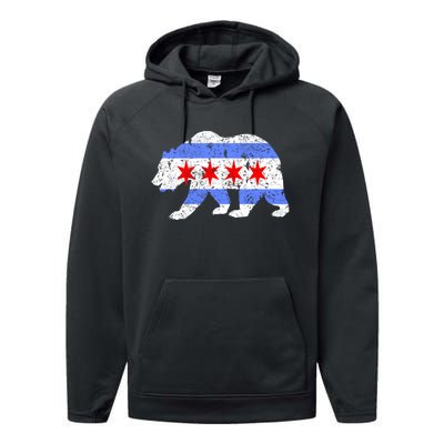 Chicago City Flag Distressed Bear Gift Performance Fleece Hoodie