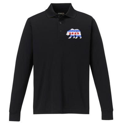 Chicago City Flag Distressed Bear Gift Performance Long Sleeve Polo