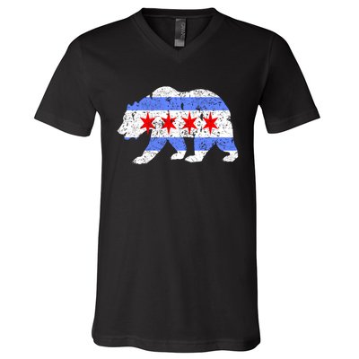 Chicago City Flag Distressed Bear Gift V-Neck T-Shirt