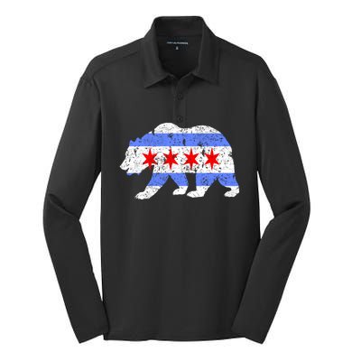 Chicago City Flag Distressed Bear Gift Silk Touch Performance Long Sleeve Polo