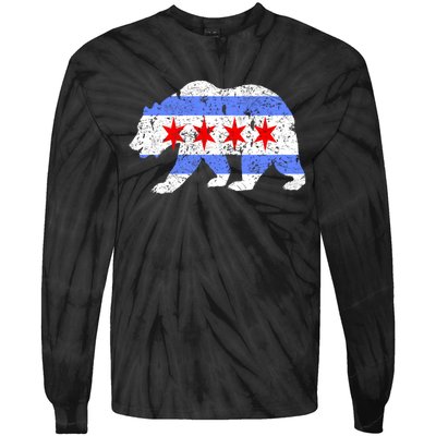 Chicago City Flag Distressed Bear Gift Tie-Dye Long Sleeve Shirt