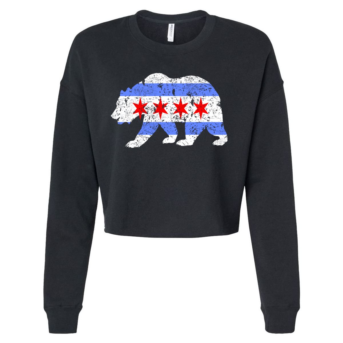 Chicago City Flag Distressed Bear Gift Cropped Pullover Crew