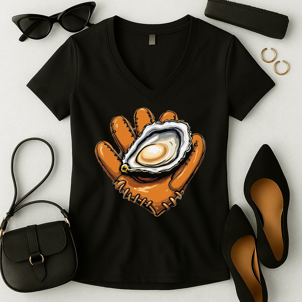 Chesapeake Catchers Funny Baseball Oyster Seafood Lovers Women's V-Neck T-Shirt