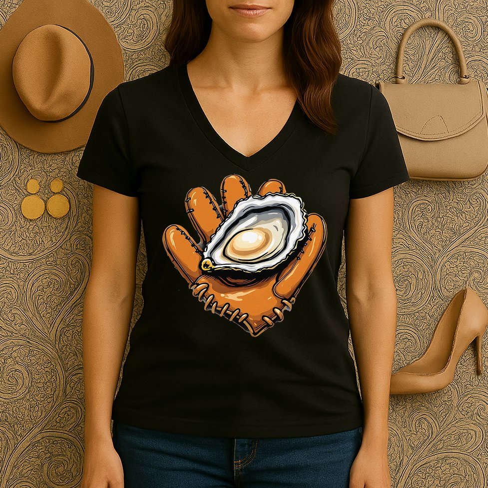 Chesapeake Catchers Funny Baseball Oyster Seafood Lovers Women's V-Neck T-Shirt