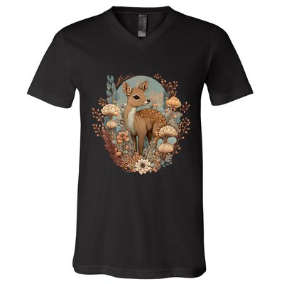 Cute Cottagecore Floral Deer Aesthetic V-Neck T-Shirt