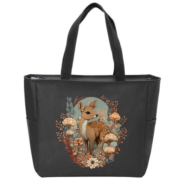 Cute Cottagecore Floral Deer Aesthetic Zip Tote Bag