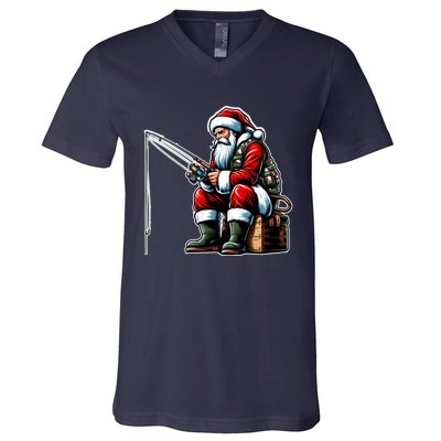 Christmas Costume Fisherman Fishing Funny Cool Santa Xmas V-Neck T-Shirt