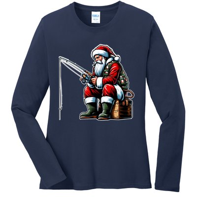 Christmas Costume Fisherman Fishing Funny Cool Santa Xmas Ladies Long Sleeve Shirt