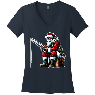 Christmas Costume Fisherman Fishing Funny Cool Santa Xmas Women's V-Neck T-Shirt