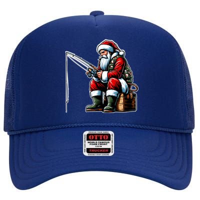 Christmas Costume Fisherman Fishing Funny Cool Santa Xmas High Crown Mesh Back Trucker Hat