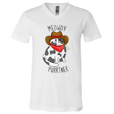 Cowboy Cat Funny Meowdy Purrtner Western Sarcastic Partner V-Neck T-Shirt