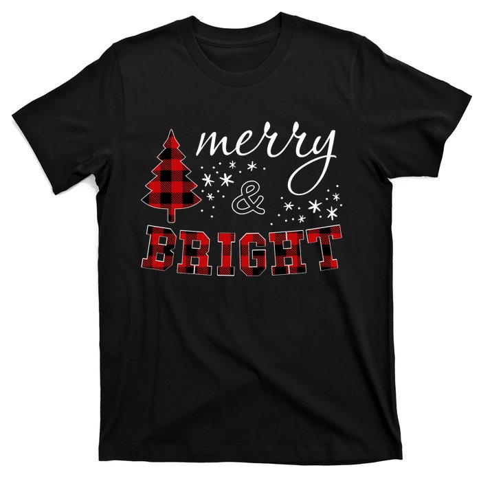 Christmas Cute For Women Red Plaid Merry And Bright Letter T-Shirt