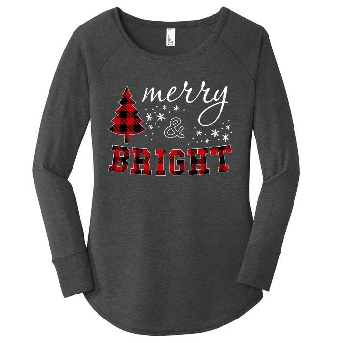 Christmas Cute For Women Red Plaid Merry And Bright Letter Women's Perfect Tri Tunic Long Sleeve Shirt