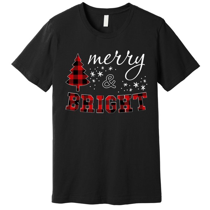 Christmas Cute For Women Red Plaid Merry And Bright Letter Premium T-Shirt