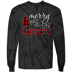 Christmas Cute For Women Red Plaid Merry And Bright Letter Tie-Dye Long Sleeve Shirt