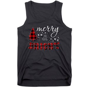 Christmas Cute For Women Red Plaid Merry And Bright Letter Tank Top