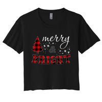 Christmas Cute For Women Red Plaid Merry And Bright Letter Women's Crop Top Tee