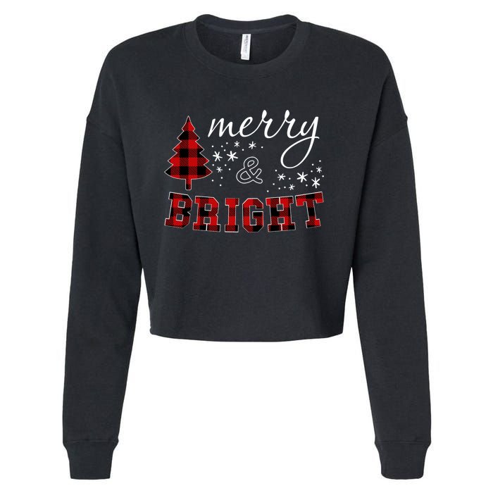 Christmas Cute For Women Red Plaid Merry And Bright Letter Cropped Pullover Crew