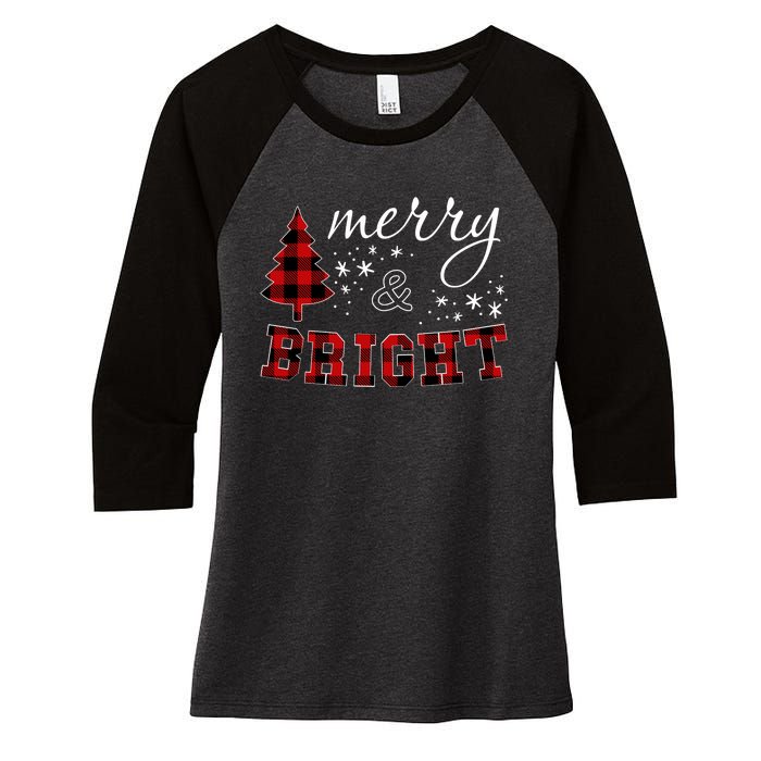 Christmas Cute For Women Red Plaid Merry And Bright Letter Women's Tri-Blend 3/4-Sleeve Raglan Shirt