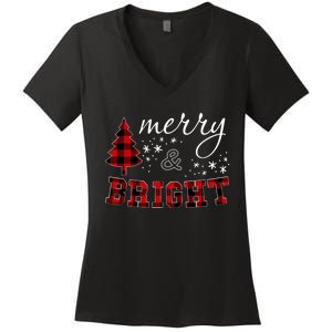 Christmas Cute For Women Red Plaid Merry And Bright Letter Women's V-Neck T-Shirt