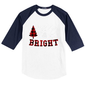 Christmas Cute For Women Red Plaid Merry And Bright Letter Baseball Sleeve Shirt