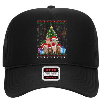 Cat Christmas Funny Ugly N Merry Gift High Crown Mesh Back Trucker Hat