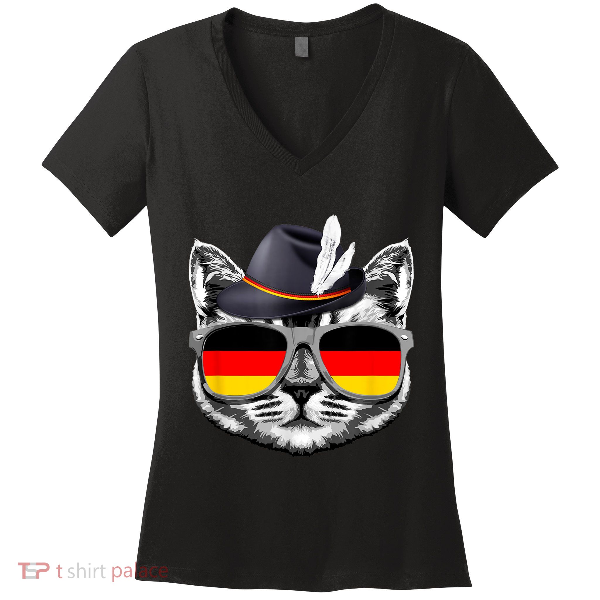 Cute Cat German Flag Oktoberfest Pride Germany Festival Women's V-Neck T-Shirt