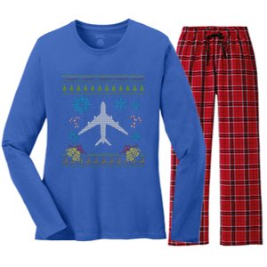 Christmas Cute Gift Airplane Pilot Christmas Ugly Women's Long Sleeve Flannel Pajama Set 