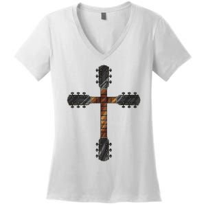 Cool Christian Guitar Cross Funny Musician Guitarist Gift Women's V-Neck T-Shirt