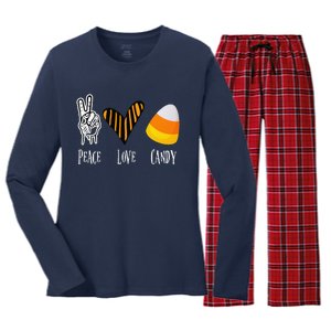 Candy Corn Gift Women Peace Love Fall Halloween Women's Long Sleeve Flannel Pajama Set 