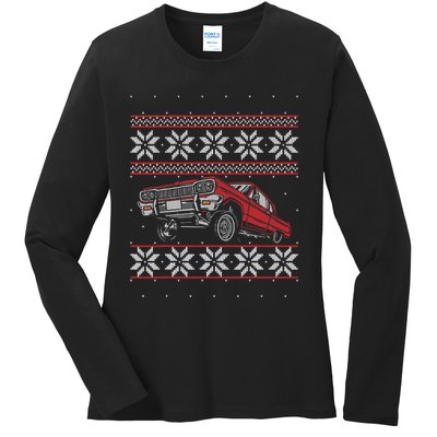 Classic Car Guys Matching Ugly Christmas Old Car Enthusiasts Ladies Long Sleeve Shirt